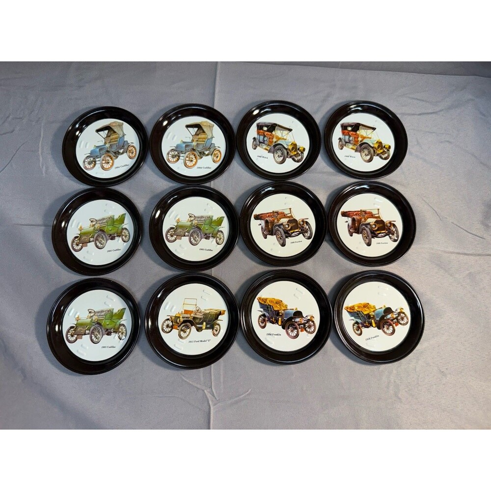 VINTAGE SET OF 12 CLASSIC OLD CARS Tin Coasters CADILLAC, FRANKLIN, WELCH